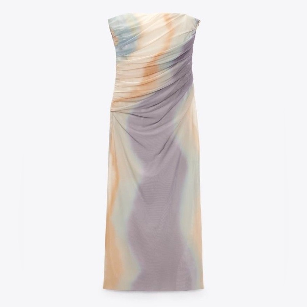 NEW | ZARA STRAPLESS MESH CORSET RUCHED MARBLED TIE DYE PASTEL BOHO MIDI DRESS - Picture 4 of 10